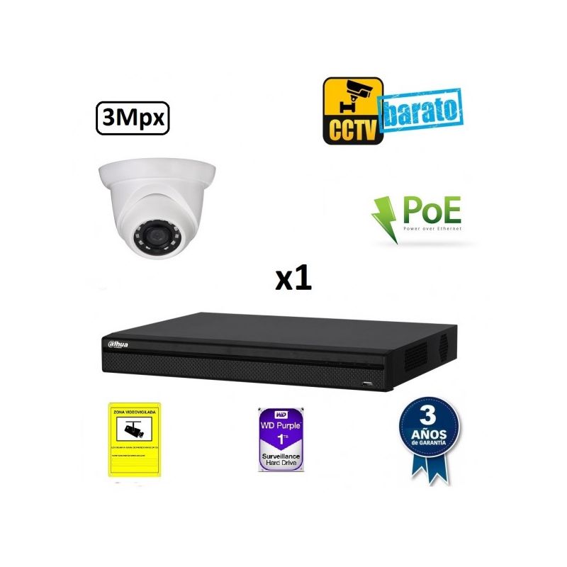 

Dahua - Kit de videovigilancia IP PoE 1 cámara domo exterior/interior 3Mpx óptica fija más grabador NVR de 4 canales, Añadir mas memoria :2TB,Cambiar