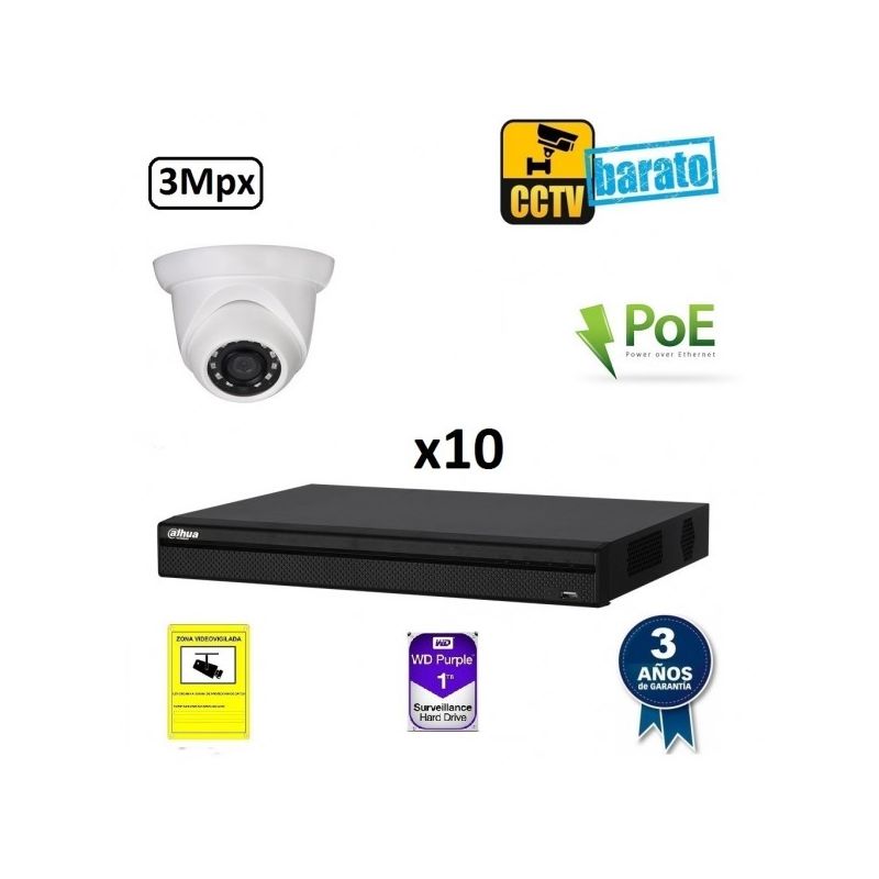 

Dahua - Kit de videovigilancia IP PoE 10 cámaras domo exterior/interior 3Mpx óptica fija más grabador NVR de 16 canales, Añadir mas memoria