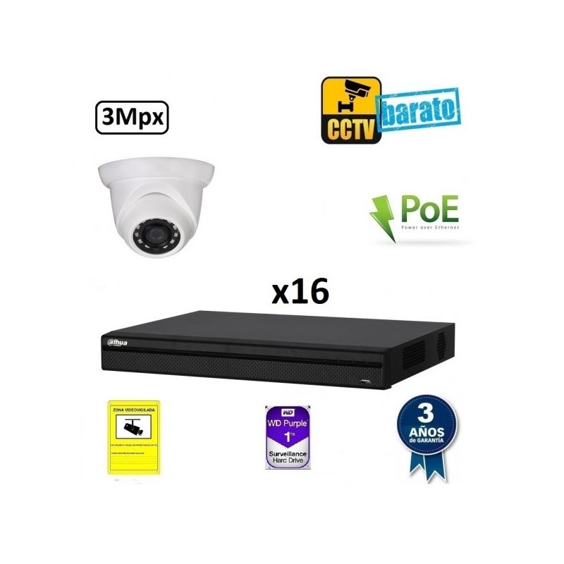 

Dahua - Kit de videovigilancia IP PoE 16 cámaras domo exterior/interior 3Mpx óptica fija más grabador NVR de 16 canales, Añadir mas memoria