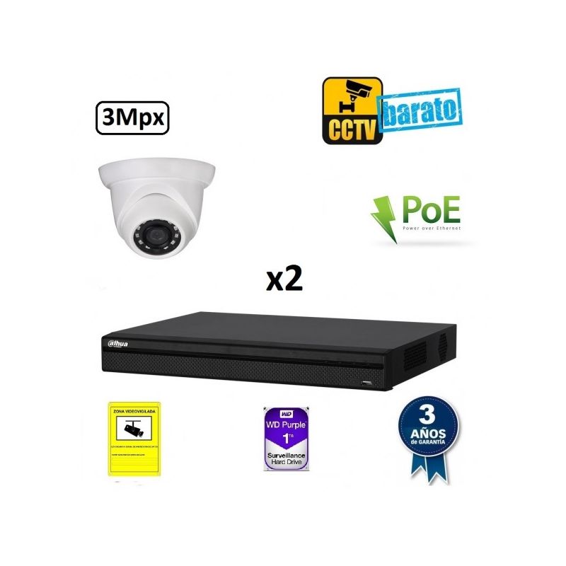 

Dahua - Kit de videovigilancia IP PoE 2 cámaras domo 3Mpx exterior/interior óptica fija más grabador NVR de 4 canales., Añadir mas memoria