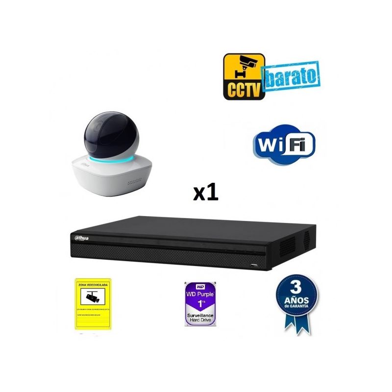 

Dahua - Kit de videovigilancia IP Wifi HD 1 cámara domo motorizada interior óptica fija más grabador NVR de 4 canales, Añadir mas memoria