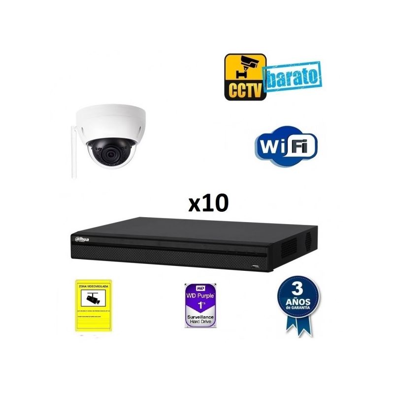 

Dahua - Kit de videovigilancia IP Wifi 10 cámaras domo exterior/interior 3Mpx óptica fija más grabador NVR de 16 canales, Añadir mas memoria