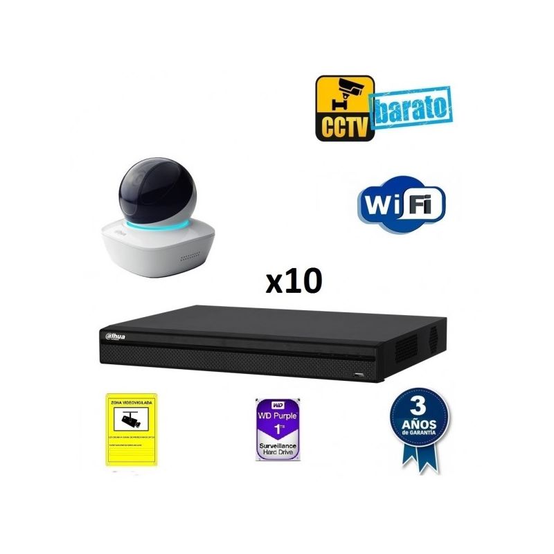 

Dahua - Kit de videovigilancia IP Wifi HD 10 cámaras domo motorizada interior óptica fija más grabador NVR de 16 canales, Añadir mas memoria