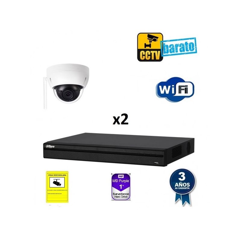 

Dahua - Kit de videovigilancia IP Wifi 2 cámaras domo 3Mpx exterior/interior óptica fija más grabador NVR de 4 canales., Añadir mas memoria