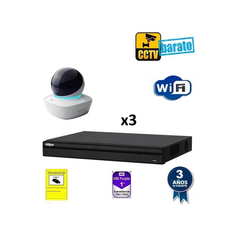 

Dahua - Kit de videovigilancia IP Wifi HD 3 cámaras domo motorizada interior óptica fija más grabador NVR de 4 canales, Añadir mas memoria