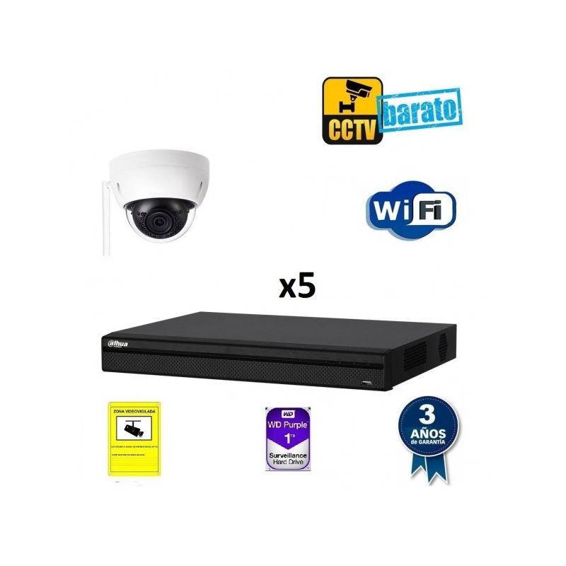 

Dahua - Kit de videovigilancia IP Wifi 5 cámaras domo exterior/interior 3Mpx óptica fija más grabador NVR de 8 canales, Añadir mas memoria