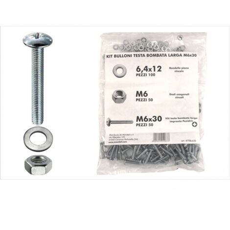 Kit viti testa bombata larga Diam. 6 x 30 + dadi + rondelle - 200 pz.