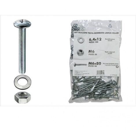 Kit viti testa bombata larga Diam. 6 x 80 + dadi + rondelle - 200 pz.