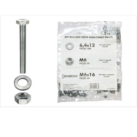 Kit viti testa esagonale M6 x 16 + dadi + rondelle - 200 pz.
