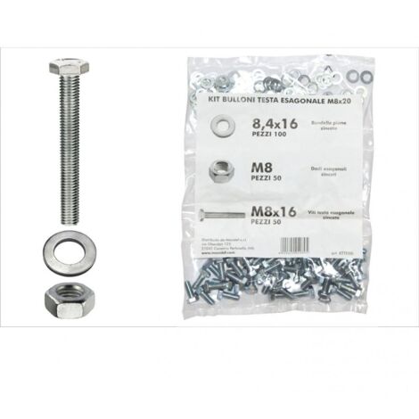 Kit viti testa esagonale M8 x 16 + dadi + rondelle - 200 pz.