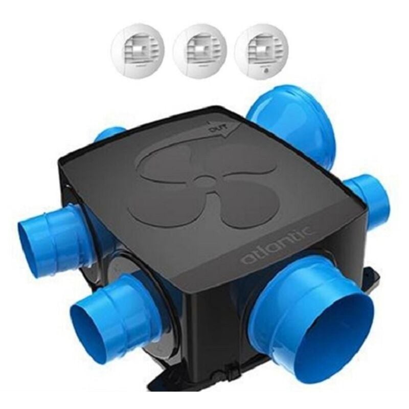 Atlantic - Kit vmc hygroréglable piles Hygrocosy T3/T7 Hygro b avec 3 bouches - Longueur: 379 mm - Hauteur: 150 mm - Noir