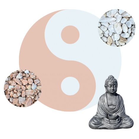 Kit Yin-Yang Galets blanc & corail + statue Bouddha = 5 sacs de 20 kg de galets blanc 12/20 + 5 sacs de 20 kg de galets corail 12/25 + 12 bordures de jardin + 1 Bouddha assis 42cm