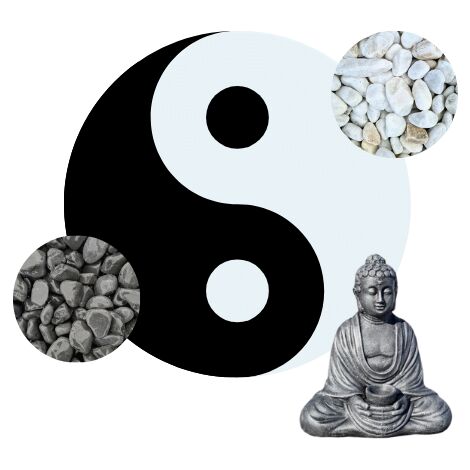 Kit Yin-Yang Galets blanc & noir + statue Bouddha = 5 sacs de 20 kg galets blanc 12/20 + 5 sacs de 20 kg galets noir 12/25 + 12 bordures de jardin + 1 Bouddha assis 42cm