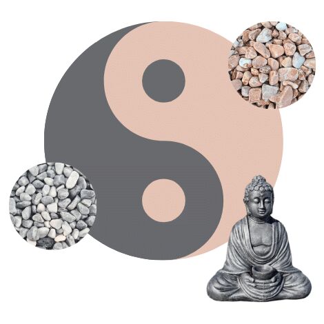 Kit Yin-Yang Galets gris & corail + statue Bouddha = 5 sacs de 20 kg galets gris 12/20 + 5 sacs de 20 kg galets corail 12/25 + 12 bordures de jardin + 1 Bouddha assis 42cm