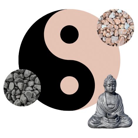 Kit Yin-Yang Galets noir & corail + statue Bouddha = 5 sacs de 20 kg galets noir 12/25 + 5 sacs de 20 kg galets corail 12/25 + 12 bordures de jardin + 1 Bouddha assis 42cm