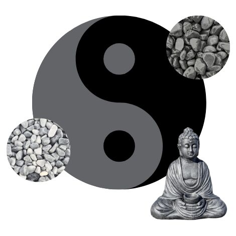 Kit Yin-Yang Galets noir & gris + statue Bouddha = 5 sacs de 20 kg galets noir 12/25 + 5 sacs de 20 kg galets gris 12/20 + 12 bordures de jardin + 1 Bouddha assis 42cm