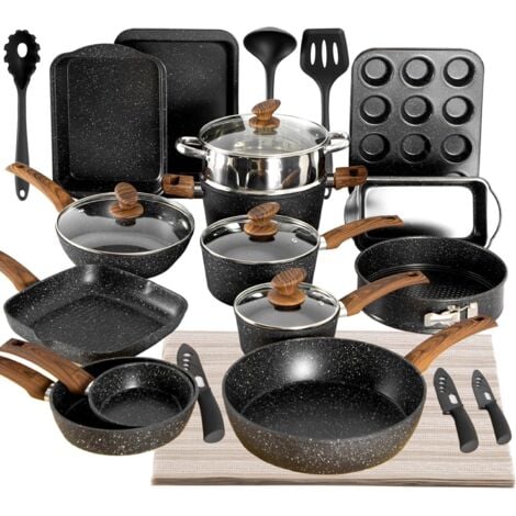 Kitchen Academy Bakeware and Cookware Set, 30 Piece Non-Stick Pots and Pans Set, Induction Pan Set, Granite Non-Stick Saucepan Set Black