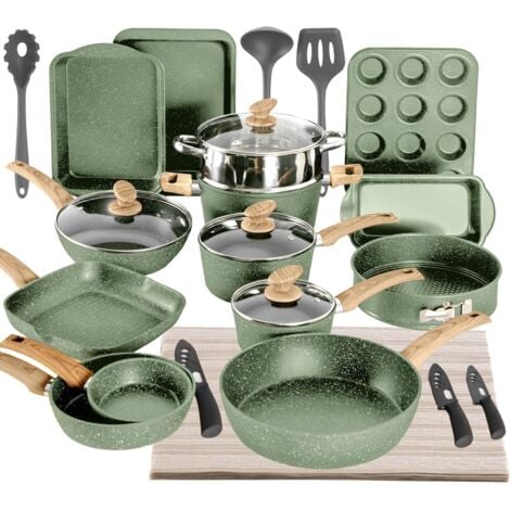 Kitchen Academy Bakeware and Cookware Set, 30 Piece Non-Stick Pots and Pans Set, Induction Pan Set, Granite Non-Stick Saucepan Set Green