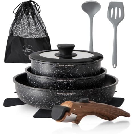 Kitchen Academy Lot de 10 Casseroles et Poêles, Poignée Amovibl, Couvercles en Verre et Revêtement en Marbre et Revêtement Anti-adhésif Compatible Induction Poignée Lisse et Veinée Noir