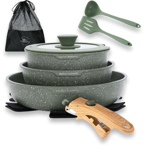Kitchen Academy Non Stick Cookware Set, 10 Piece Granite-Coated Induction Pots and Pans Set with Detachable Handle, Stackable RV Cooking Set for Camping, Camp, Green
