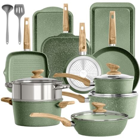 Kitchen Academy Topfset 17-teiliges Induktions-Kochgeschirr-Set mit Glasdeckeln und Granitbeschichtung inkl. Pfannen und Töpfe (grün 17 tlg)