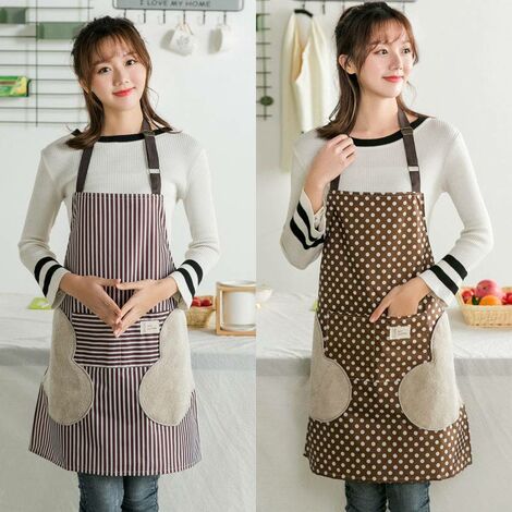 Kitchen apron, set of 2 aprons, with 2 pockets, adjustable shoulder apron, hand wiping bib, men's and women's apron, vegetable garden barbecue chef's apron, vertical stripes and polka dot patterns, brown, coffee color