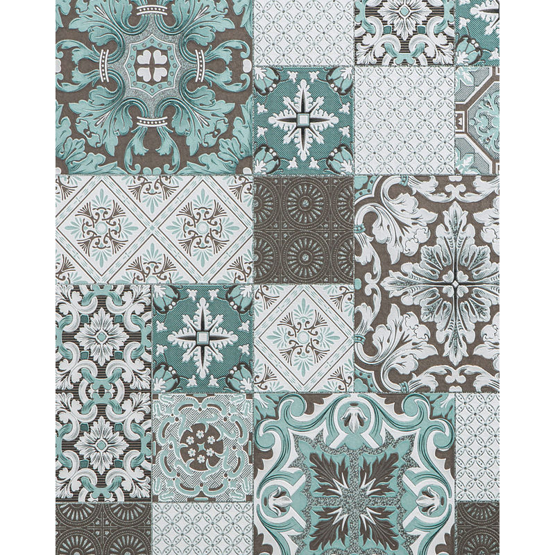 Kitchen bathroom wallpaper wall Edem 87001BR15 vinyl wallpaper slightly textured with tile pattern and metallic highlights turquoise grey beige white