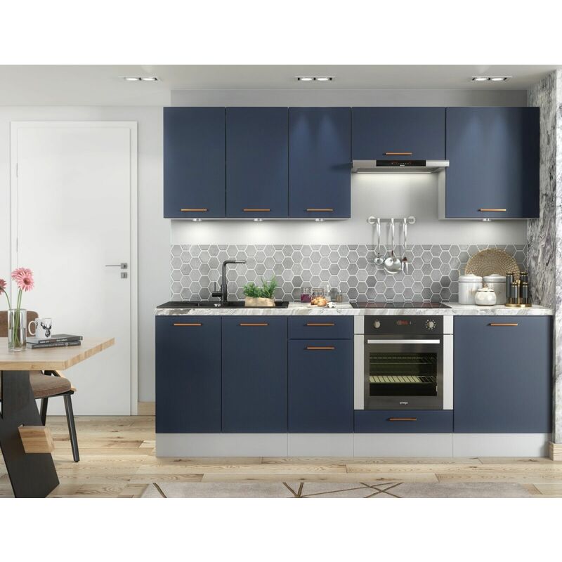 Kitchen Cabinet 8 Unit Set 240cm Navy Blue / Grey Base Wall Copper Handle Nora - Navy Blue