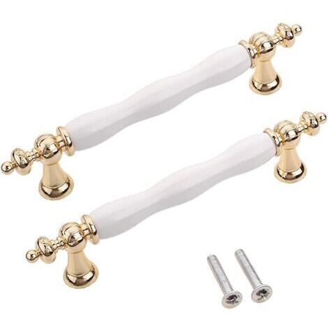 Kitchen cabinet handles - Arc handles - Ceramic - White/gold - Vintage - Zinc alloy - Gold - 96 mm, 6)