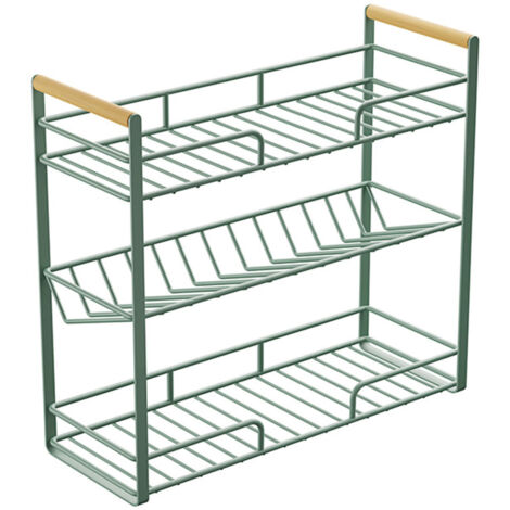 Kitchen Desktop Storage Rack Carbon Steel Beechwood Multifunctional 3 Layer Countertop Organizer for Spice Green