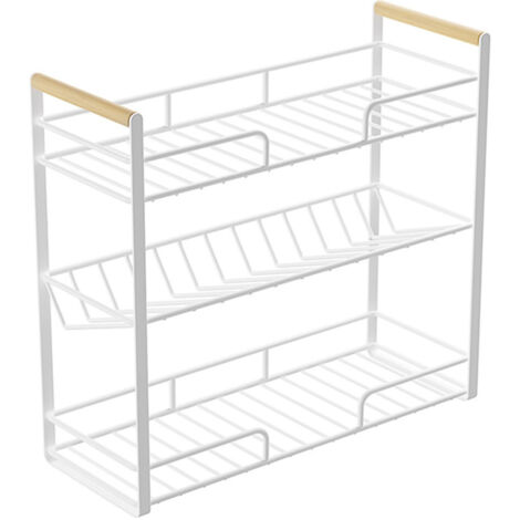 Kitchen Desktop Storage Rack Carbon Steel Beechwood Multifunctional 3 Layer Countertop Organizer for Spice White