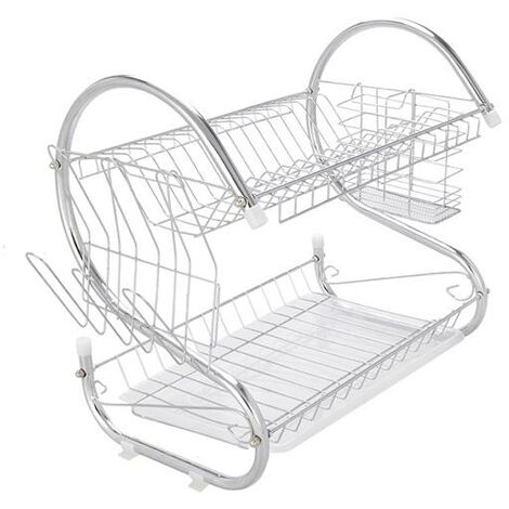 Kitchen Dish Drying Holder, 2 Tier Stainless Steel Bowl Cup Drain Drying Rack with Utensil Knife Holder-Silver