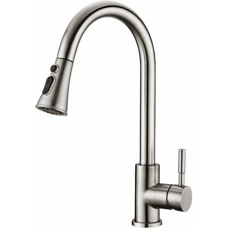 Kitchen Faucet - 360° Rotating Kitchen Mixer Tap with Pull-out Spray, 3 Spray Modes Stainless Steel Sink Faucet (Brushed Nickel)