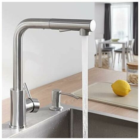 Kitchen Faucet Sprayer with 2 Spray Modes, Kitchen Mixer Tap with Pull-Out Sprayer 360° Rotating Cold & Hot Available, Brushed Stainless Steel