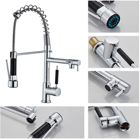 Kitchen Faucet with 2 Jets Single Lever Mixer Tap Double Function Sprayer 360° Swivel Cold & Hot Faucet Available, Chromed Brass
