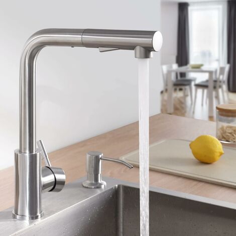 Kitchen faucet with 2 spray modes, kitchen mixer tap with pull-out spray, 360° rotating, cold and hot, available, brushed stainless steel