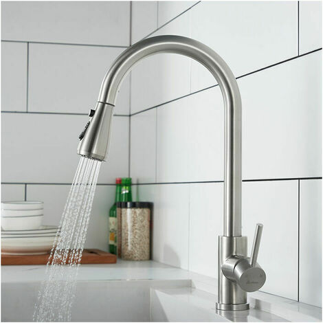 Kitchen Faucet with Pull-Out Spray Brushed Stainless Steel Kitchen Mixer Tap 360° Rotatable Kitchen Sink Faucet with 3 Modes