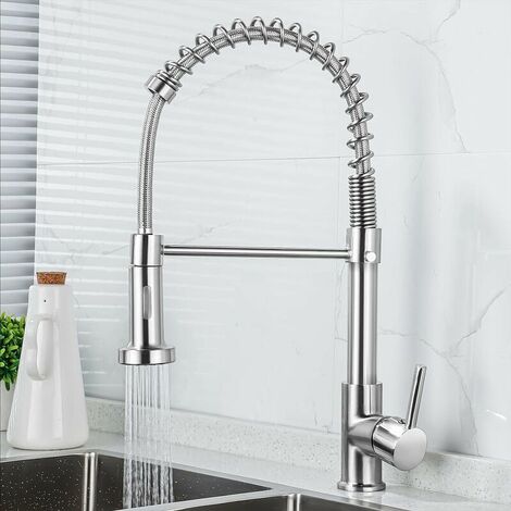 Kitchen Faucet with Spray, 360° Swivel Mixer Tap, Spiral Spring for Kitchen Sink, Brushed Nickel Sink Faucet