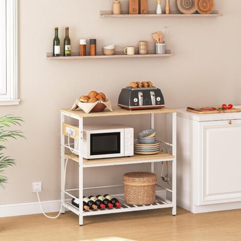Kitchen Island with Storage, 3 Tier Coffee Station and Microwave Stand, Kitchen Island Table with Power Outlet, for Home, Dining Room, Natural and White EWN021KZD01,HOOBRO