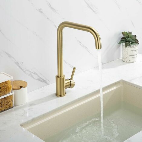 Kitchen Mixer Tap Brushed Gold 7-Shape Kitchen Faucet, 360° Rotatable Sink Mixer Tap with Detachable Aerator, SUS304 Stainless Steel Sink Faucet