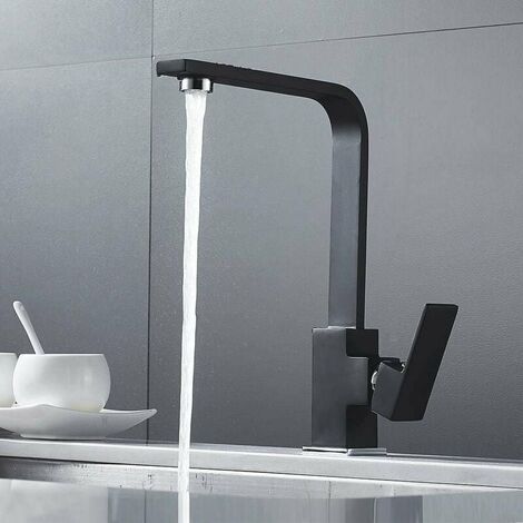 SOLEIL Kitchen mixer tap Square kitchen faucet with high spout - Mixer tap for kitchen sink - Brass (black)