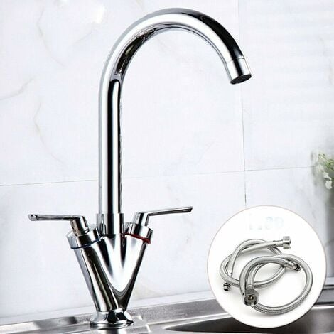Kitchen Mixer Tap Traditional with Swivel Spout Monobloc Basin Taps Twin Lever Hot & Cold Water Control + Free Hoses - 10 Years Warranty