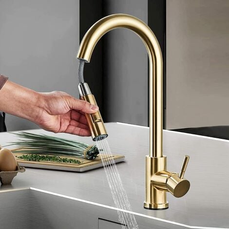 Kitchen Mixer Tap with Pull Out 360° Swivel Spout 2 Water Modes High Arc Single Lever Brass Bathroom Mixer Tap, Brushed Gold