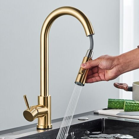 Kitchen mixer tap with pull-out spray head, 360° rotating stainless steel kitchen sink tap with 2 functions.