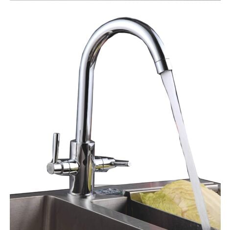 DAY PLUS Kitchen Monobloc Mixer Tap Double Lever Taps Bath Filler 360° Swivel Bathroom Tub Brass Faucet - Chrome