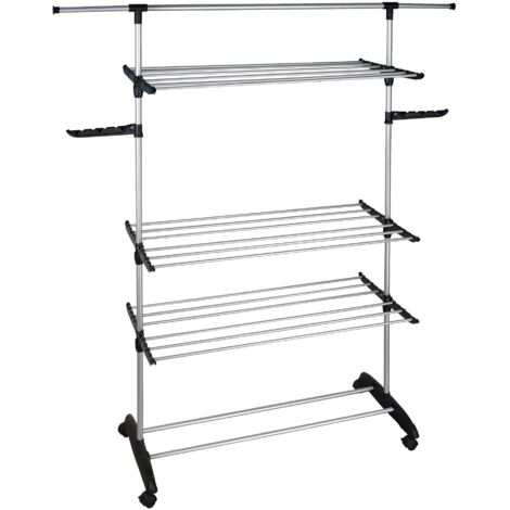 Kitchen Move – Etendoir à linge suspendu 25m – 3 niveaux modulables – Barres en acier – Roulettes pour déplacement facile – Pieds extra-larges stabilisateurs