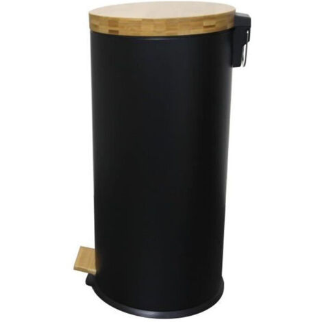 Kitchen Move – Poubelle à pédale ronde 30L en acier inoxydable et bois – Fermeture silencieuse – Base antidérapante – Pour cuisine et bureau