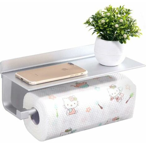 Kitchen Roll Holder, Paper Towel Holder with Space Aluminum Self-adhesive Nailless Shelf, Self-adhesive, for Bathroom and Kitchen