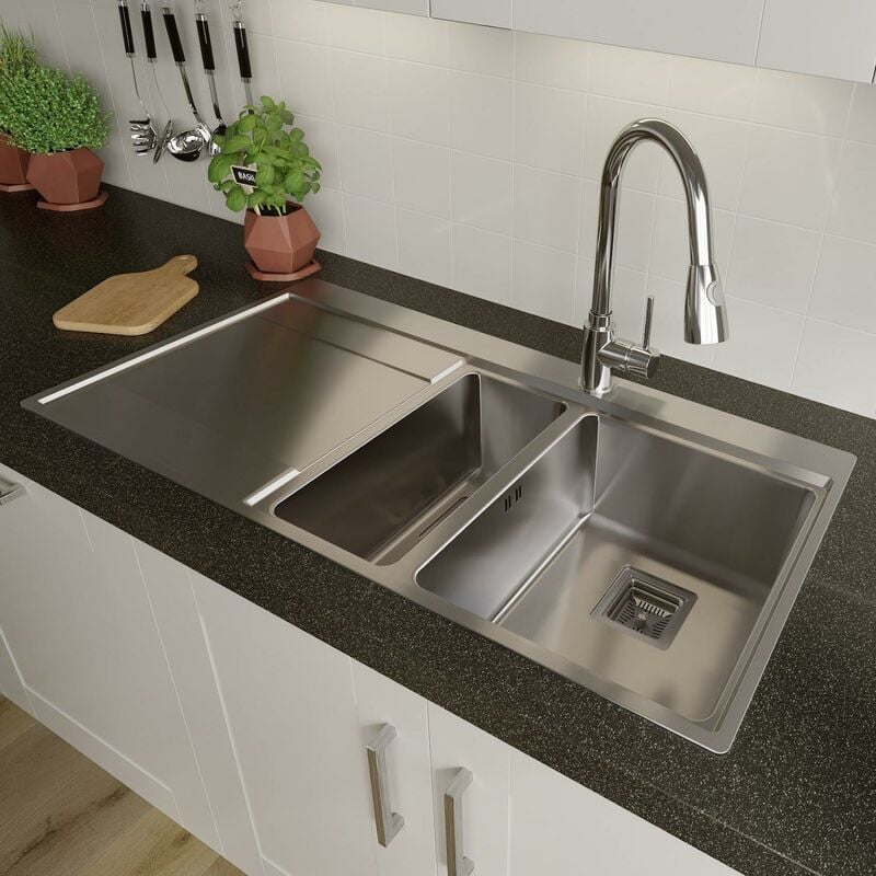 Kitchen Sink 1.5 Bowl lh Drainer Stainless Steel Modern Inset Strainer Waste - Silver
