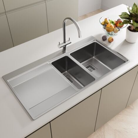 Kitchen Sink 1.5 Bowl LH Drainer Stainless Steel Modern Inset Strainer Waste
